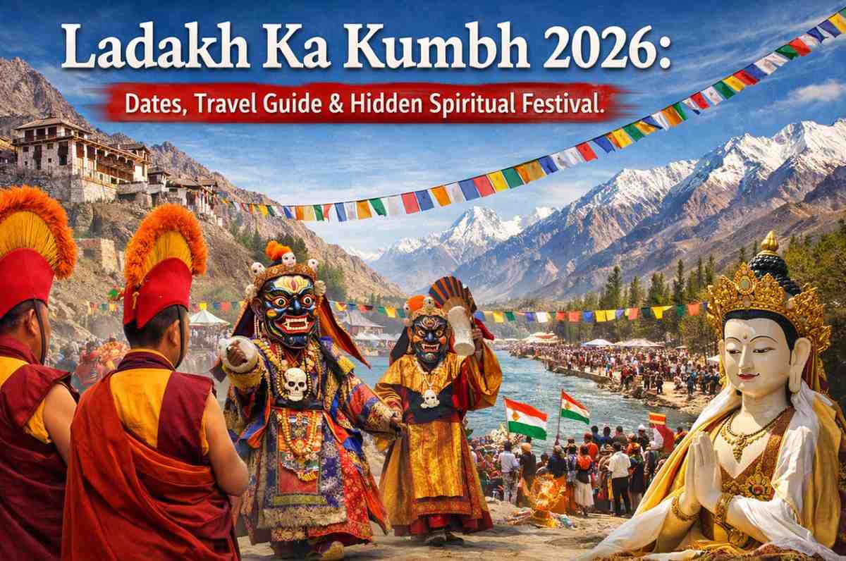 genrate high premium quality image “Ladakh Ka Kumbh 2026: Dates, Travel Guide & Hidden Spiritual Festival" image size should be 1366x 768px dont write another hindi on image